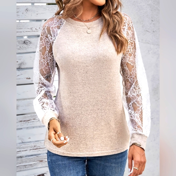 Lace Mesh Sleeve Tawny Crew Neck T-shirt - Picture 3 of 7